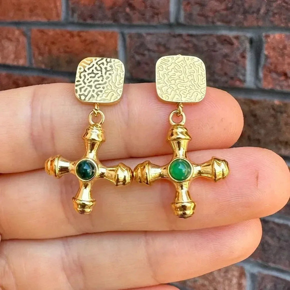 Taya 18KGold Plated Stainless Steel Waterproof Green Onyx Stone Cross Earrings - Picture 4 of 15